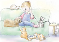 illustration of CW on the phone, with dog and kitties