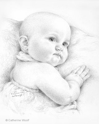 Pencil portrait of baby Eva.